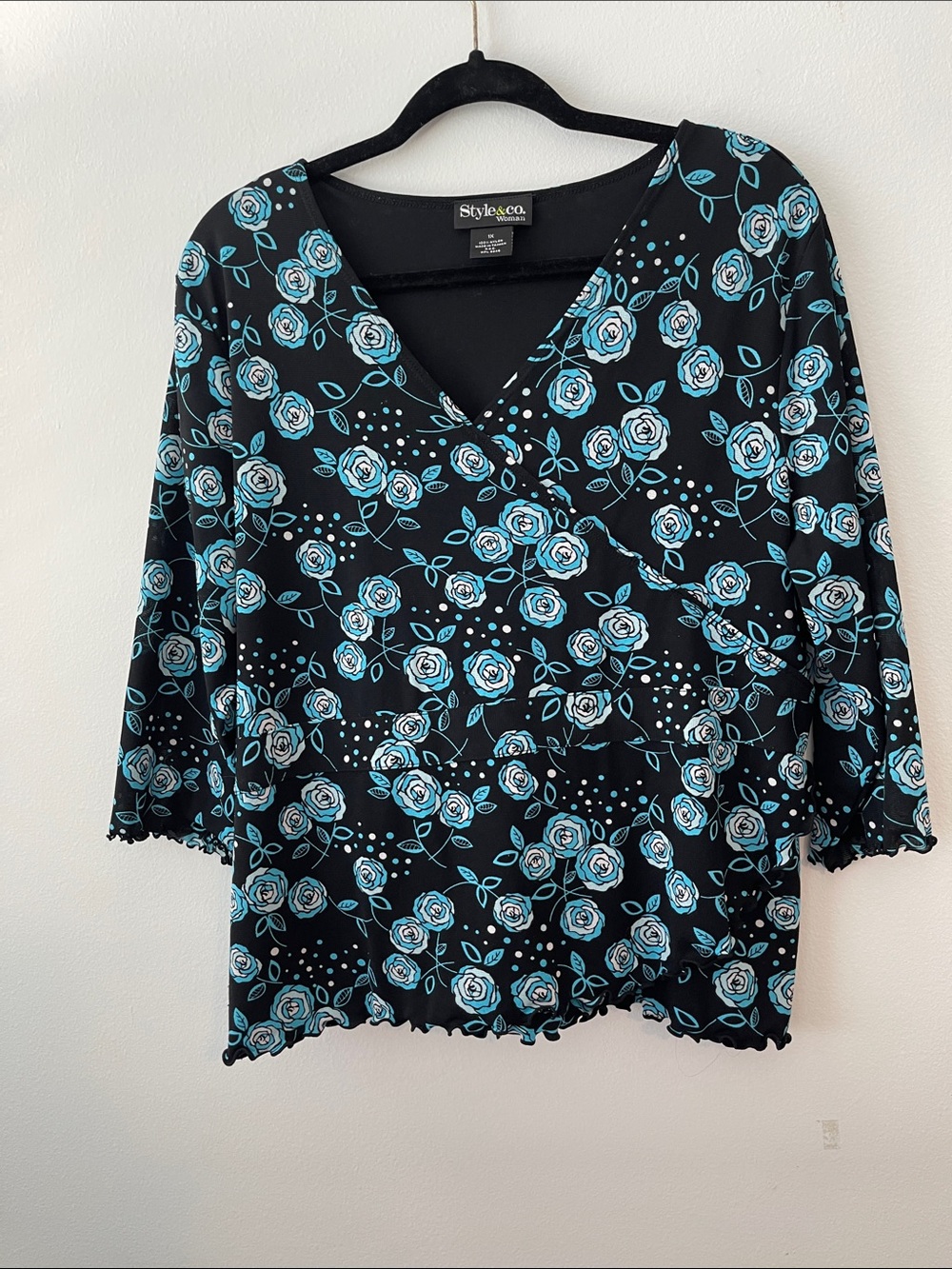 Style & Co. Black Floral Wrap Style V-Neck Top with Blue Roses Print